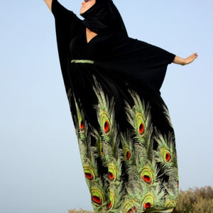 Muslim Women <b>Black</b> Abaya With Peacock <b>Feather</b> Print on Bottom - Product Image 1