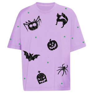 Halloween personalizado 100% algodón 2O-cuello cuello camiseta para mujer con calabazas aterradoras lentejuelas trabajo hecho a mano transpirable camiseta de mujer - Product Image 5