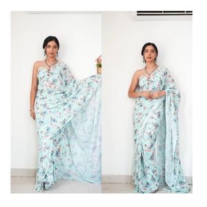 Saree chic imprimé en georgette avec un design floral et abstrait idéal pour les célébrations décontractées et festives de l'Inde - Product Image 1