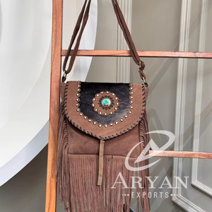Real Cowhide Fringe Handbag Stone Sling Bag Multi Uses Boho Gypsy Vintage Fringe Tassel Stylish Bags for Women - Product Image 1