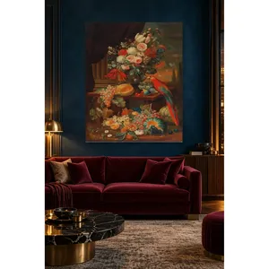 Impression sur toile de nature morte avec perroquet Fida, fruits et fleurs - Product Image 1