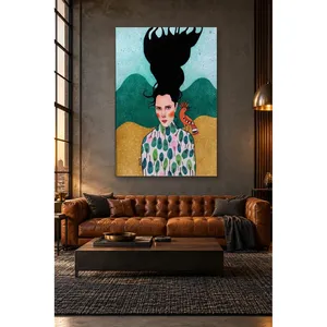 Fida Woman in Tree-Print Blouse in Front of Green Hills <b>Canvas</b> Print - Product Image 1
