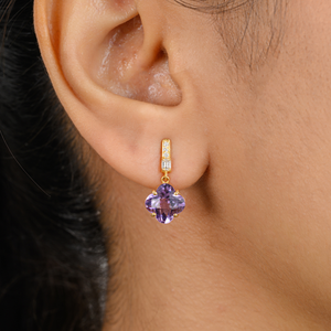 Pendientes de gota de oro amarillo auténtico de 18 quilates al por mayor, piedras preciosas naturales, amatista, diamante, forma de flor, ajuste de punta para regalo de fiesta de boda - Product Image 2