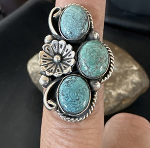 Vintage Look Trendy Handmade Sterling Silver 925 Gold Plated Wedding <b>Ring</b> Floral Natural Turquoise Oval Cut Diamond Bezel - Product Image 2