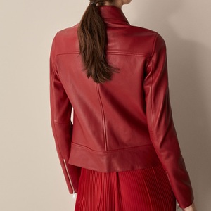 Elegante chaqueta de cuero con cinturón para mujer, manga larga, Otoño/Invierno rojo moda chaquetas de cuero para mujer - Product Image 3