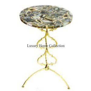 Table centrale et table d'appoint design en métal avec cadre enduit de poudre de couleur or et dessus en marbre d'agate Fournitures de tables d'appoint pour chambre à coucher - Product Image 2