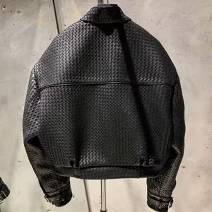 Veste de moto pour hommes à la mode personnalisée en gros avec logo en relief col montant veste en cuir de style motard - Product Image 3