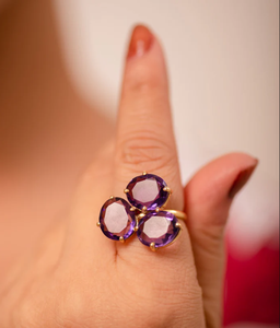 Anillo de piedras preciosas de corte redondo de amatista natural y Calcedonia acuática Anillos de joyería fina chapados en oro de Plata de Ley 925 para uso diario. - Product Image 3