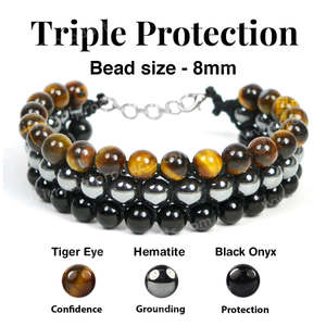 Bracelet Perlé Triple Protection Naturelle en Hématite, Œil de Tigre et Onyx Noir, Réglable en Macramé – Cadeau Tendance - Product Image 2