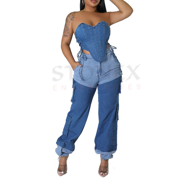2023 High Quality Casual Short Shirt And Jeans Denim Cotton Two Piece Set Women Latest Style Fashion Wear