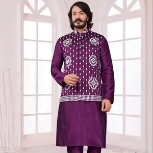 Piyama Kurta biru laut untuk pria, Gaun kerja cermin India, pakaian pesta pernikahan desainer nikandari, pakaian etnis pria India
