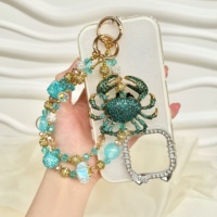 Breloque de téléphone en strass et perles, motif crabe, perles de cristal bleu lac, porte-clés, ornement de sac style océan