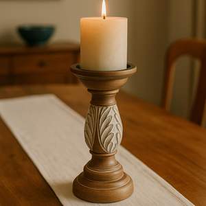<b>Wooden</b> <b>Candle</b> <b>Holder</b> Intricate Leaf Carving Design for <b>Pillar</b> <b>Candles</b> Elegant Rustic Vintage Decor for Home Mandir Cafe - Product Image 1
