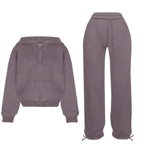 Haute qualité 100% coton 2 pièces femmes Sports d'hiver survêtement décontracté ensemble Logo personnalisé sweat à capuche zippé court longueur hauts solide - Product Image 4