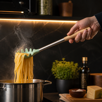 Serveur à pâtes en silicone et acier inoxydable avec manche en bois extra long, style Japandi esthétique, anti-adhésif