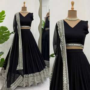 Lehenga Choli de Fiesta para Mujer, Negro, con Hilo de Faux Georgette y Trabajo de Lentejuelas - Product Image 3
