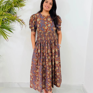 Robe Maxi d'été décontractée manches courtes bloc de poche imprimé floral tuniques en coton indien brodé motif floral style indien - Product Image 1