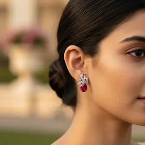 Silver Ruby Fine <b>Jewelry</b> <b>Set</b> Gold Plated Zircon and <b>Pearl</b> Trendy Style Earrings and Pendant for Women for Parties Weddings - Product Image 2