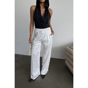 Jacquard <b>Satin</b> Women's <b>Trousers</b> in <b>White</b>-Elegant Pants - Product Image 6