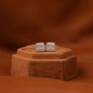 Round & Baguette Cut Lab Grown Diamond Stud <b>Earrings</b> 14KT Solid Gold Luxury Hip Hop Jewelry with Screw <b>Back</b> Solid Gold Plated - Product Image 1