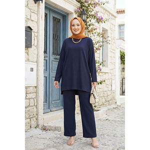 Conjunto de Túnica y Pantalones de Terciopelo Azul Marino con Aberturas Laterales, Un Conjunto para Uso Diario en Invierno, Verano y Otoño, Tallas XS-XL - Product Image 1