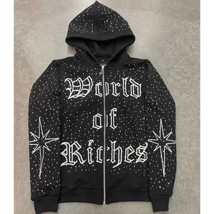 Sweat à capuche brodé Distress, nouveau style streetwear, impression numérique, strass simples, prix bas, coton mélangé pour homme - Product Image 1