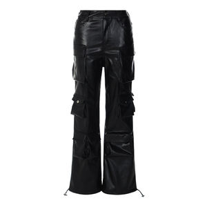 OEM Manufacturer's Baggy Pockets High Waist Ladies <b>Leather</b> <b>Cargo</b> <b>Pant</b> Wide Leg Casual Women's Long Trousers for Summer - Product Image 1
