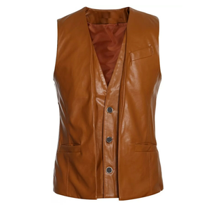 Gilet en cuir PU de haute qualité pour hommes, vêtements d'hiver respirants avec fermeture éclair, style décontracté, motif solide avec logo à l'avant, au prix de gros - Product Image 2