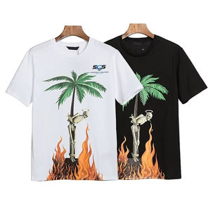 เสื้อยืดพิมพ์ลายกราฟิกตามสั่งสำหรับผู้ชาย ลายต้นปาล์มโครงกระดูกเปลวไฟ ผ้าฝ้ายลำลอง สตรีทแวร์ แขนสั้น - Product Image 1