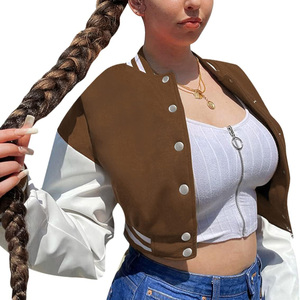 High Quality Latest Design Women Cropped Varsity Jacket <b>Brown</b> Color Cow Hide Leather Sleeve Lettermen Embroidered Street Style - Product Image 1