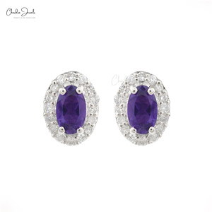 Bijoux minimalistes diamant naturel goujon avec 5X3MM taille ovale améthyste pierres précieuses ensemble de broches 14k or blanc boucles d'oreilles en gros en vrac - Product Image 3