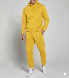 Ensemble de survêtement d'hiver unisexe jaune avec logo personnalisé, respirant, antibactérien, 100% coton polaire, motif uni, à capuche, décontracté - Product Image 1