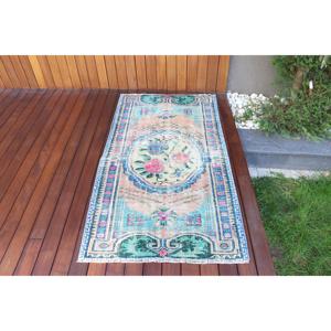 Alfombra Turca Vintage con Detalles en Azul Camuflaje, 2.9x5.3 pies, de Lana - Product Image 1