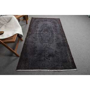 Modern Black Wool <b>Rug</b> 3.7' X 6.8' Handmade Classic Turkish Design Latex Backing Rectangular Patchwork Style for <b>Bedroom</b> <b>Rug</b> - Product Image 1