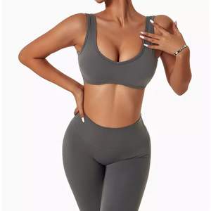 Personalizado de alta elasticidad transpirable 2 piezas conjuntos de las mujeres largas de las mujeres Tanktop bolsillos 2 uds pantalones cortos señoras acanalado conjuntos de Yoga sin costuras - Product Image 2