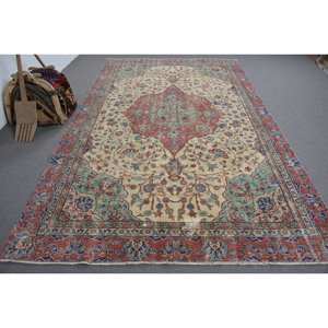 Vintage Turkish <b>Wool</b> Large Area Rug <b>Red</b> & Beige 6' X 11.5' Classic Style with Patchwork Pattern & 10mm Thickness Latex Backed - Product Image 1