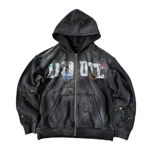 ผ้าเทอร์รี่พิมพ์ลายดิจิทัล ย้อมสีพื้น สไตล์วินเทจ ซิปหน้า ทรงครอป ล้างสีแบบแอซิด ประดับคริสตัล ผ้าฝ้าย 100% ทรงบ็อกซี่ ใส่ได้ทั้งชายและหญิง - Product Image 1