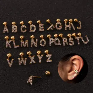 Hot Selling Schmuck Vergoldeter Edelstahl CZ 26 Buchstaben Initial Ear Piercing Knorpel Schraube zurück Ohr stecker für Frauen