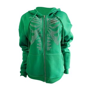 Sudaderas con capucha de esqueleto con diamantes de imitación personalizados Sudaderas con capucha de gran tamaño con cremallera para mujer Sudaderas con capucha Streetwear con logotipo personalizado - Product Image 1