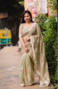 เสื้อส่าหรีผ้าโปร่งบางเนื้อนุ่มที่เป็นที่ต้องการสูงสำหรับผู้ใหญ่สวมใส่เป็นครั้งคราวสวยงามด้วยงานปักด้ายหลากสีลดราคา - Product Image 3