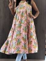 Robe longue indienne en coton bio pour femme, imprimé floral décontracté, col bateau, coupe évasée, vente en gros