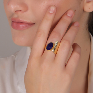 แหวนหยกสีฟ้าธรรมชาติปรับได้ | เครื่องประดับทองเหลืองทำด้วยมือชุบทอง18K ของขวัญสำหรับงานแต่งงานและปาร์ตี้ที่ทันสมัย - Product Image 6