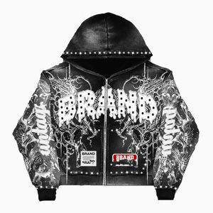 Sudadera con Capucha para Hombre, 100% Algodón, con Cremallera Desgastada, Estampado de Logotipo Personalizado, con Pedrería, Estilo Urbano, Lavado Ácido - Product Image 2