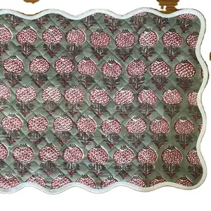 Sage Green And Cherry Red Table Mat Quilted Mats India Block Print Cotton Fabric Cotton Mats Housewarming Gift