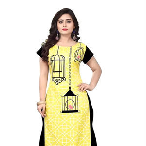 Vestido túnica indio moderno de crepé amarillo Kurti para mujer, Ropa Étnica estampada con estilo para uso informal y festivo - Product Image 1