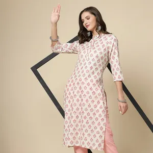 Vrouwen Indian Stijl Roze Kleur Bedrukt Katoen Kurta Broek Set Roze Rechte Kurta Aantrekkelijke Print Op Roze Katoen Rechte Kurta