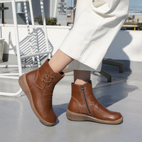 [JSHOE] Bottines courtes en cuir de vachette Action, talon de 4,5 cm, pour femmes, doublure en polaire, chaudes, décontractées, bout rond, fermeture éclair