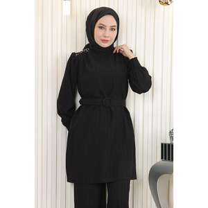 MSW19104-1 Ensemble décontracté noir avec ceinture et détails en pierres, hauts longs mi-mollet, col rond, manches longues, 100 % polyester - Product Image 2