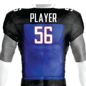 ชุดฟุตบอลอเมริกันแบบระเหิดโพลีเอสเตอร์สำหรับผู้ชายชุดเสื้อทีมผ้าทอแบบสั้นระบายอากาศสีน้ำเงินสีดำสิ่งทอลายทแยง100% ออกแบบได้ตามต้องการ - Product Image 3