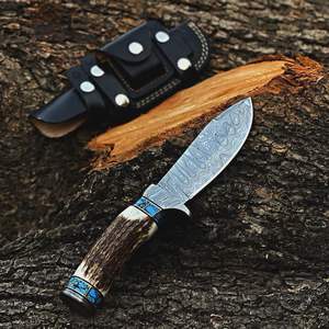 Cuchillo de Caza de Acero de Damasco 2024, Más Vendido, Alta Calidad, al por Mayor, Mango de Asta de Ciervo Hecho a Mano, Funda de Cuero Fino, Estilo Vikingo, OEM - Product Image 5